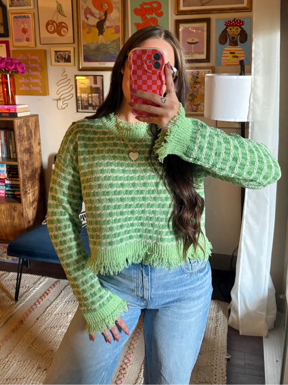 Zara Green Textured Fringe Sweater